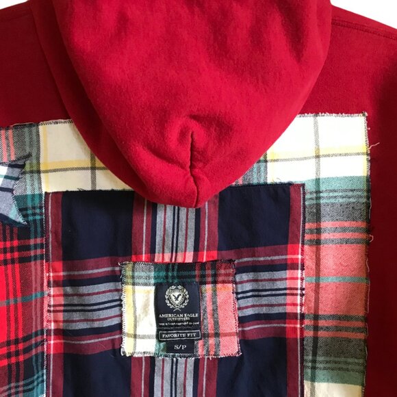 Upcycled Patchwork Hoodie, Size Medium: Red Plaid, Star Appliqués, Grunge Style - Picture 4 of 13